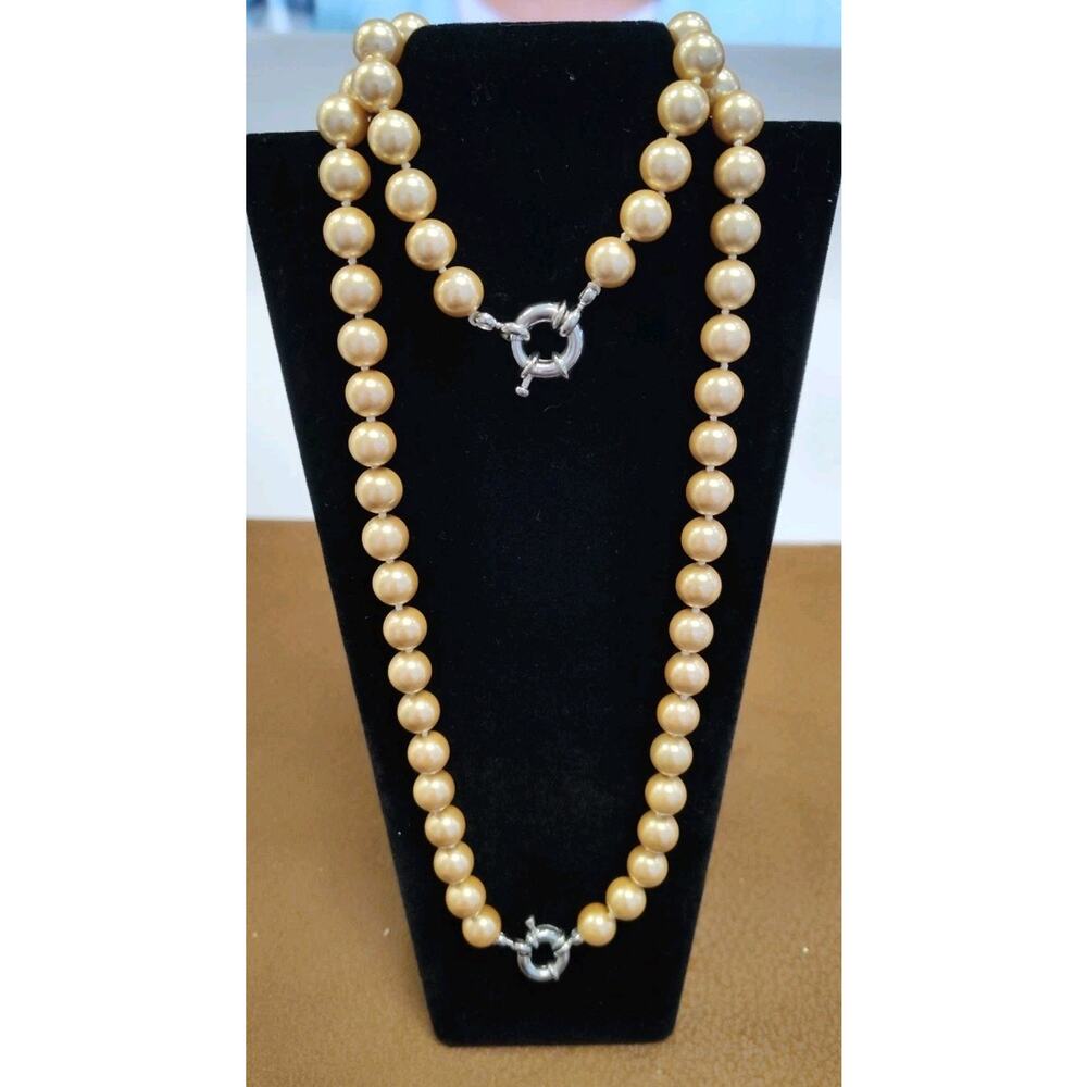 Quality Faux Golden 8.4mm Pearl Necklace/ Bracelet Set Knotted Silver Tone Clasp